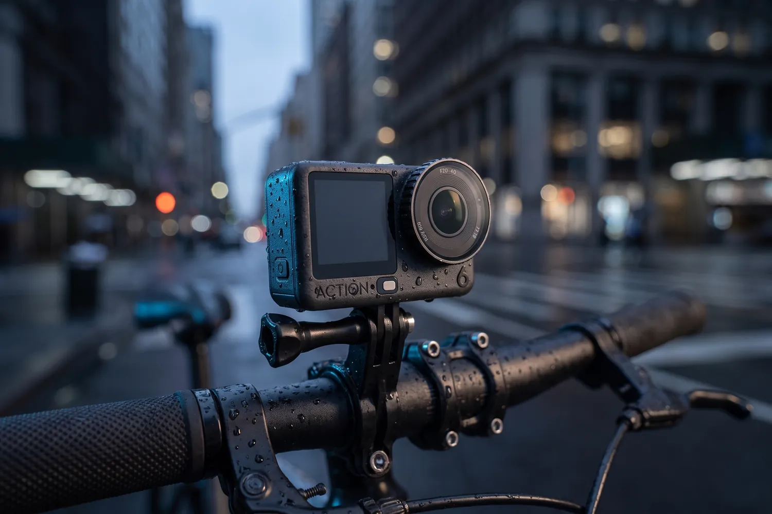 DJI Osmo Action 6 on a bicycle's handlebar in a city at dusk