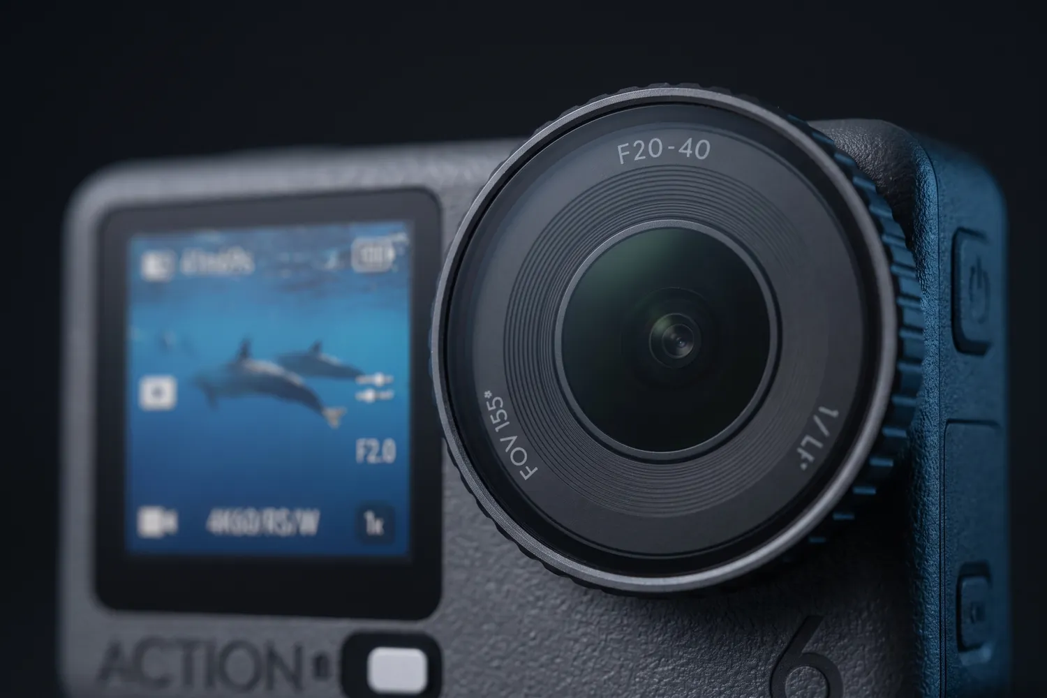Close-up of the DJI Osmo Action 6's lens and front screen