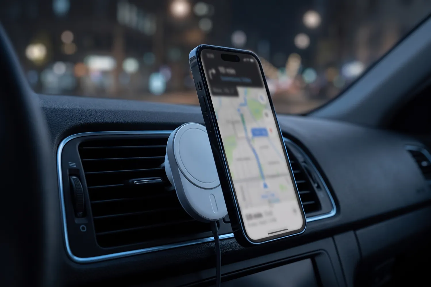 Belkin car mount on a car's air vent holding a phone with a map at night