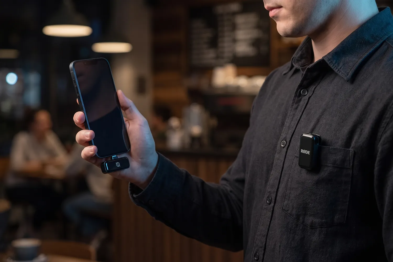 A creator filming with a phone that has the RØDE Wireless Micro receiver plugged in, a transmitter on the shirt pocket