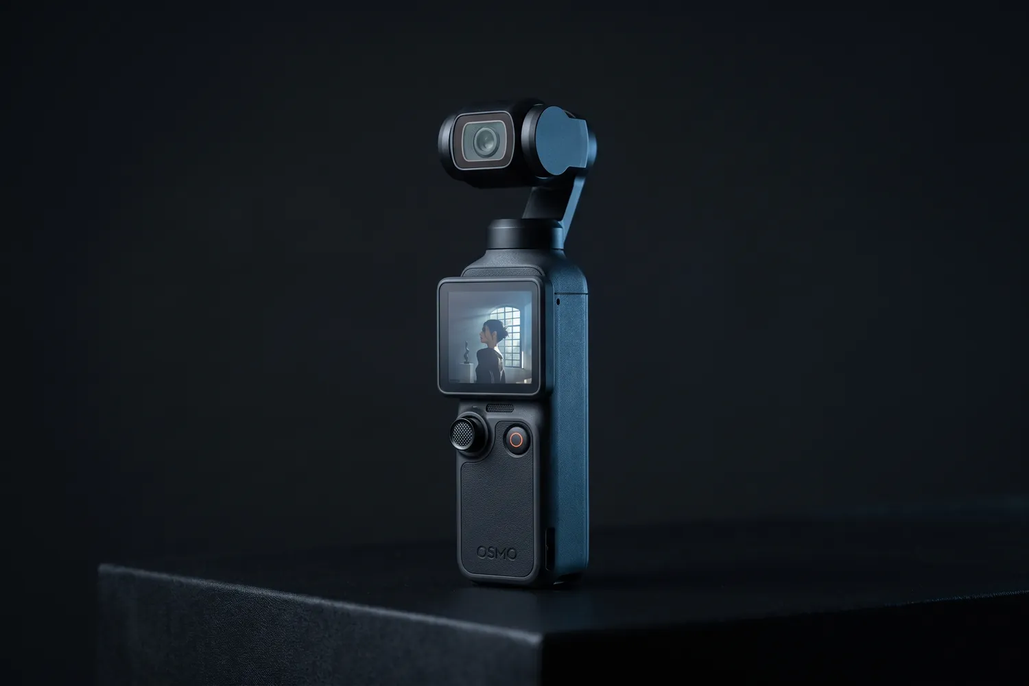 DJI Osmo Pocket 4 standing on a dark surface
