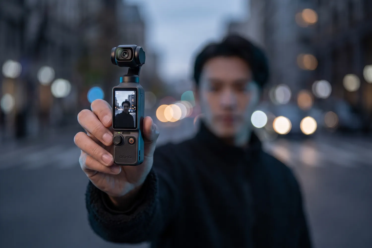 A vlogger filming themselves with the DJI Osmo Pocket 4 on a city street