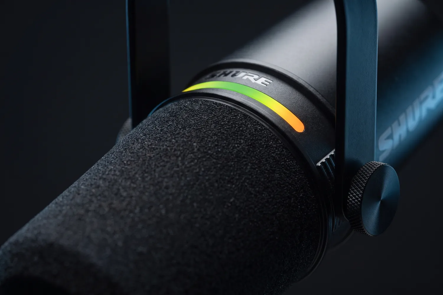 Close-up of the Shure MV7+ LED touch strip
