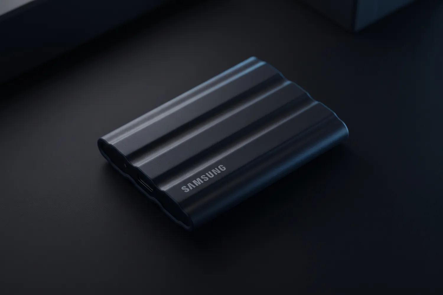 Samsung T7 Shield portable SSD on a dark surface