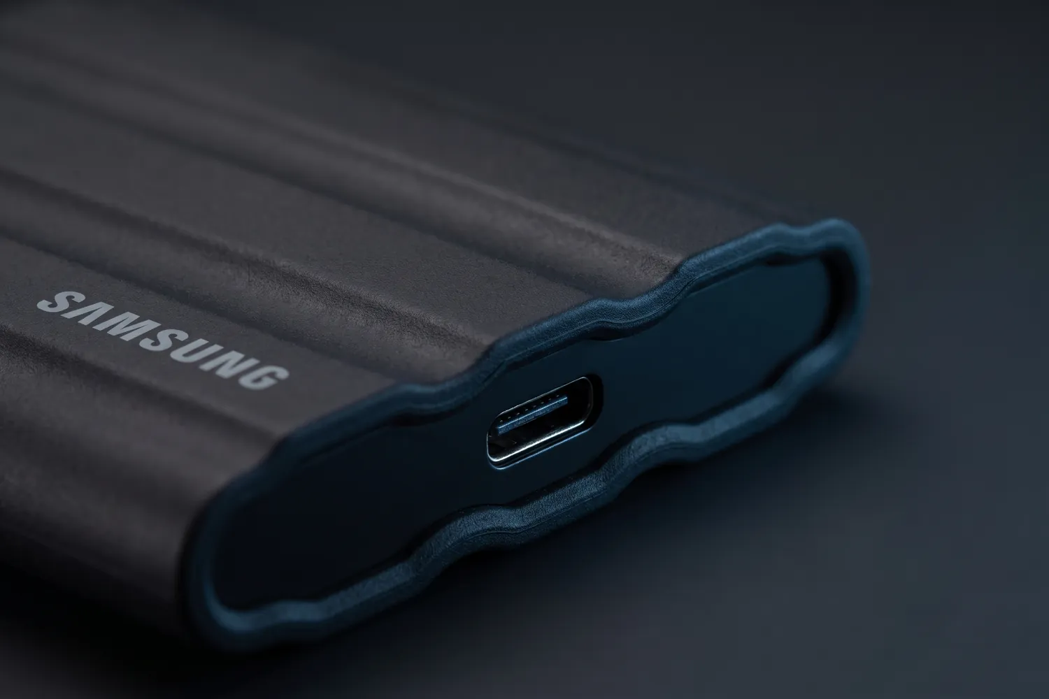 Close-up of the Samsung T7 Shield's USB-C port and rubber shell