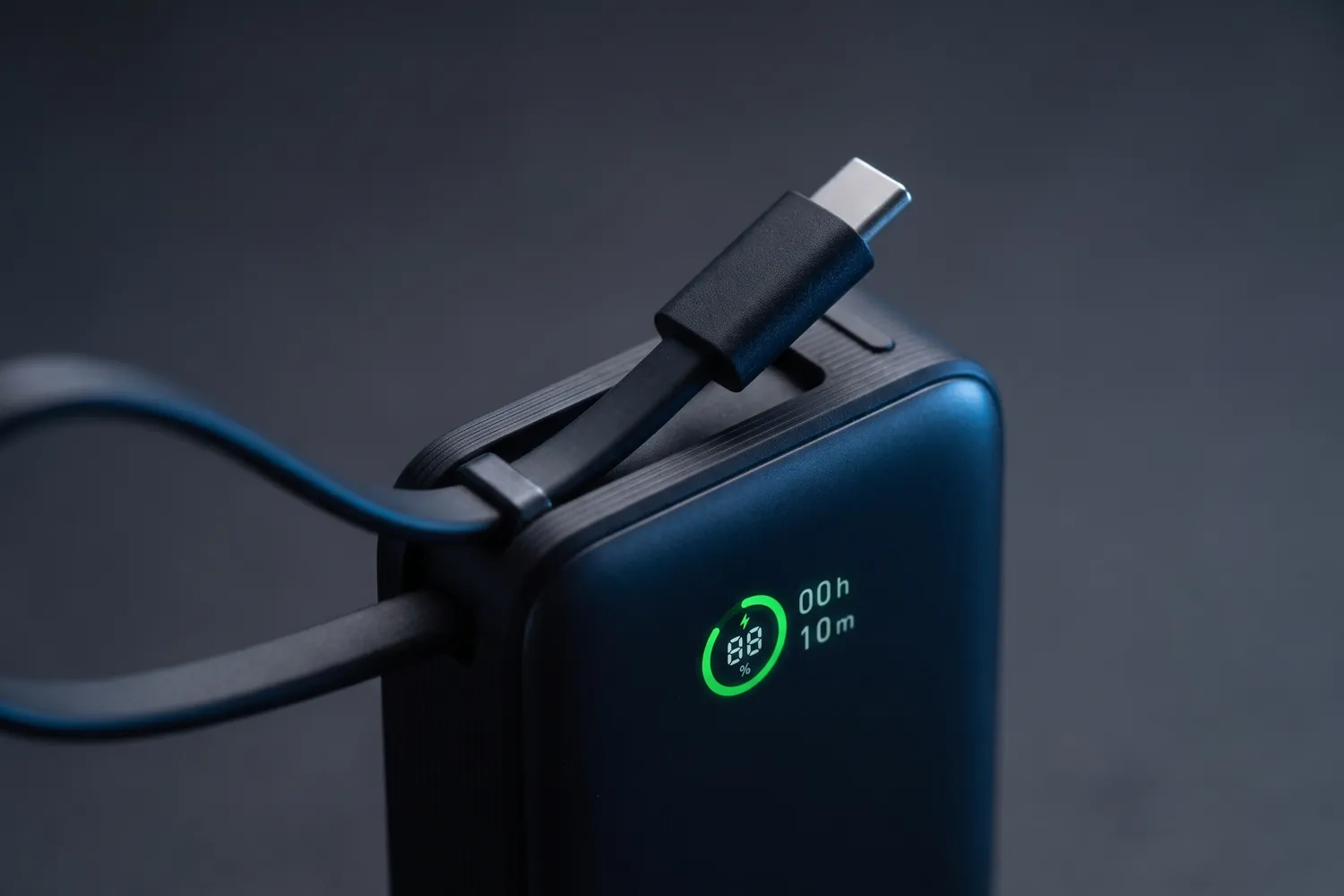 Close-up of the Anker Nano Power Bank's display and built-in cable