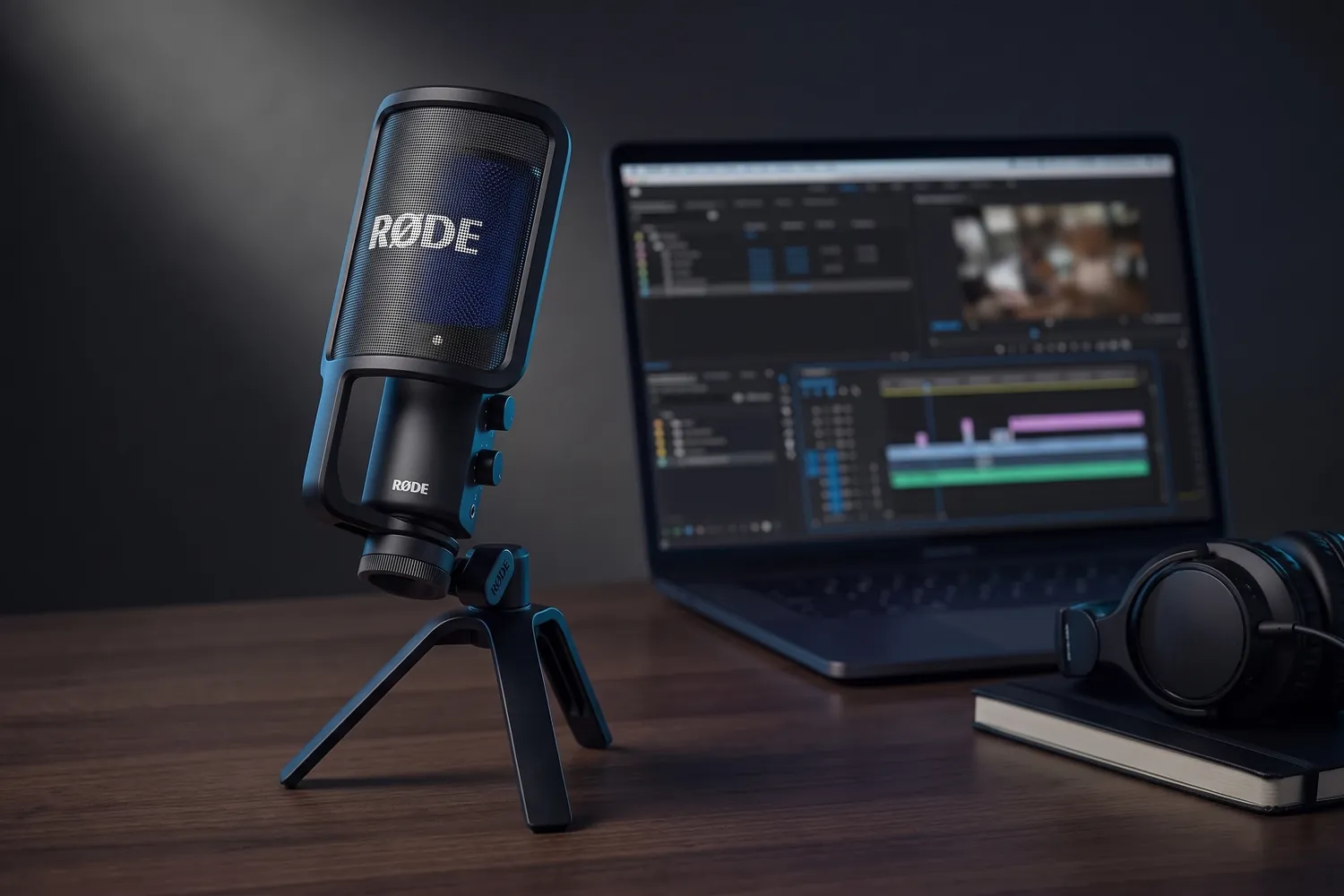 RØDE NT-USB+ on a desk next to a laptop, headphones and a notebook