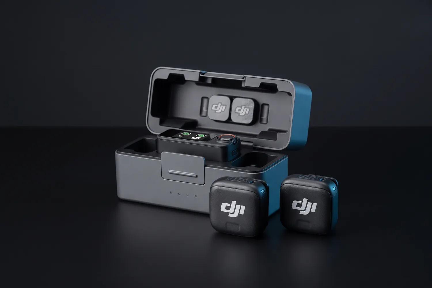 DJI Mic 3 charging case with the receiver, two transmitters in front