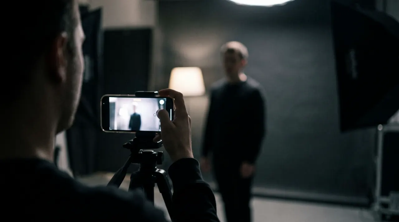 Sample footage: a creator films an artist in a dim studio.