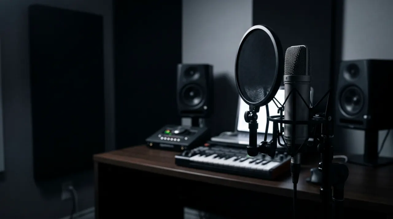 Sample footage: a dim home studio with a microphone, keyboard and speakers.